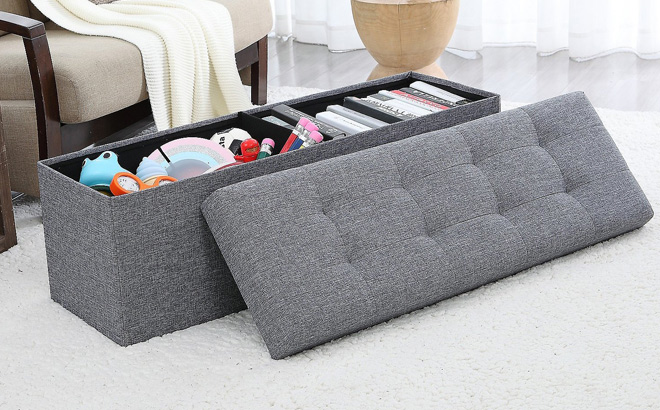 Ornavo Home Foldable Tufted Linen Large Storage Ottoman Bench