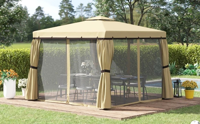 Outsunny Aluminum Double Roof Gazebo Canopy in Beige Color