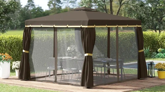 Outsunny Aluminum Double Roof Gazebo Canopy in Coffee Color