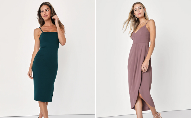 Paulina Forest Green Bodycon Midi Dress and Reinette Mauve Purple Midi Dress