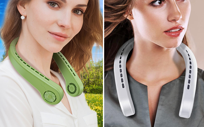 People Using Portable Neck Fans in Two Colors