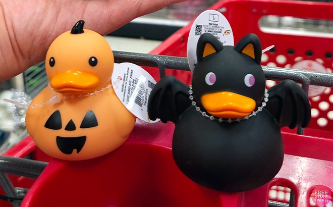 Pumpkin and Bat Rubber Ducks in cart