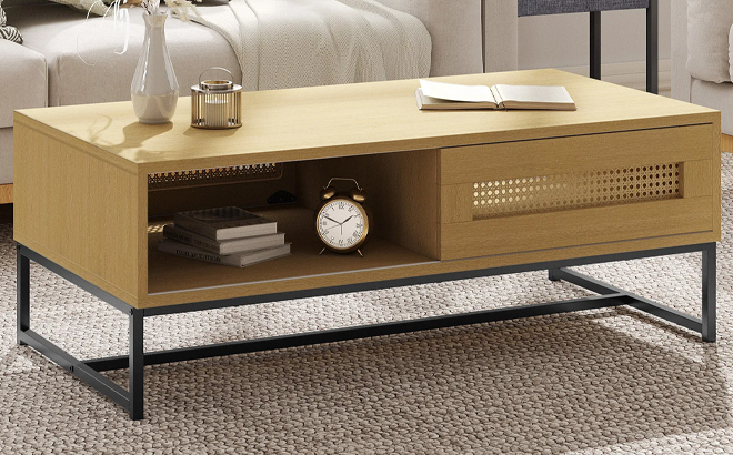 Rattan Coffee Table with Sliding Door