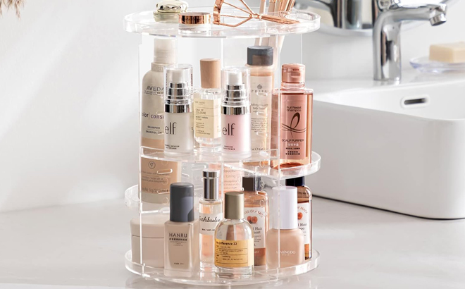 Rotating Makeup Organizer on a Bathroom countertop