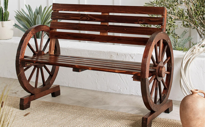 Rustic Wooden Wagon Wheel Bench for 2 Person