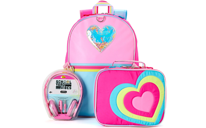 Schoolyard Vibes 17 Inch 3 Piece Backpack Set with Headphones and Kids Lunch Box