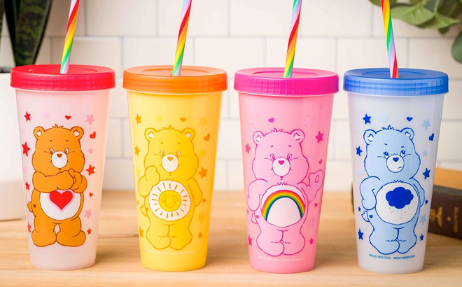 Silver Buffalo Care Bears Hearts and Stars 4 Pack Plastic Color Changing Tumblers with Rainbow Swirl Straws Featuring Tenderheart Funshine