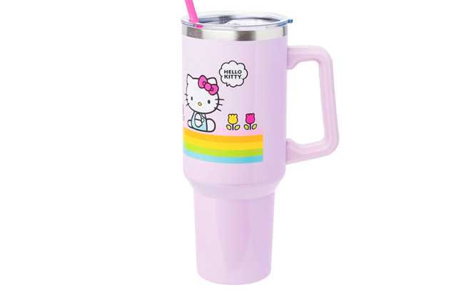 Silver Buffalo Sanrio Hello Kitty Spring and Summer Flowers Rainbow Stripes Stainless Steel Tumbler