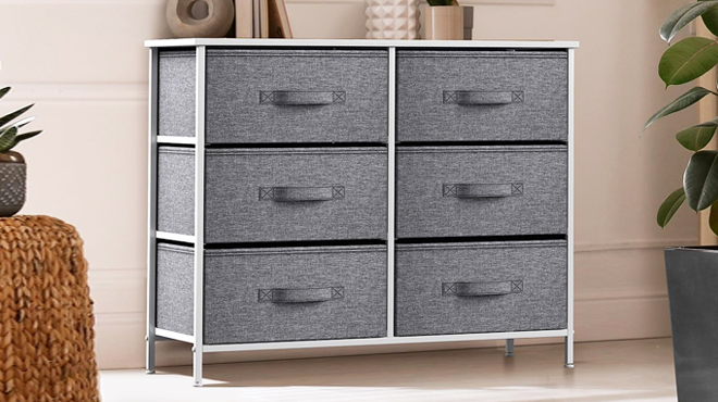 Sorbus 6 Drawer Fabric Dresser in White Gray Color