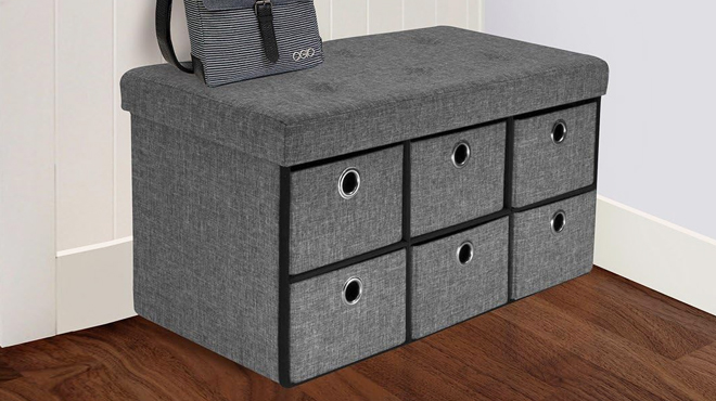 Sorbus Collapsible Storage Bench with Drawers in Grey