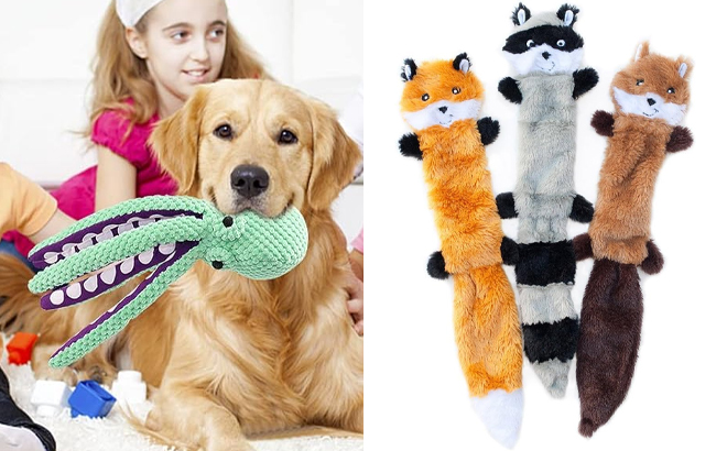 Squeaky Octopus Dog Toys for Large Dogs and ZippyPaws Skinny Peltz Fox Raccoon Squirrel