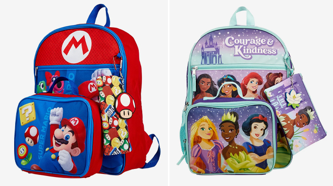 Super Mario Boys and Disney Princess 5 Piece Backpack Sets