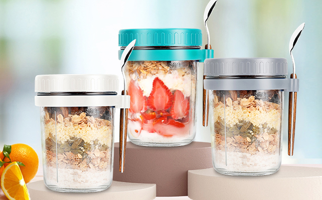 Three Overnight Oats Jars with Spoons and Lids