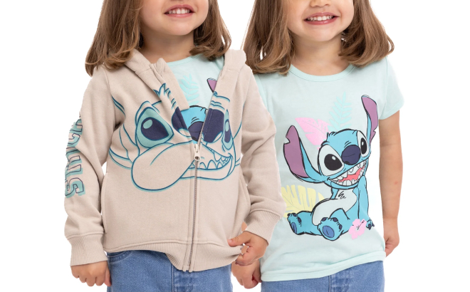 Toddler Girls Wearing Disney Stitch Hoodie and Tee