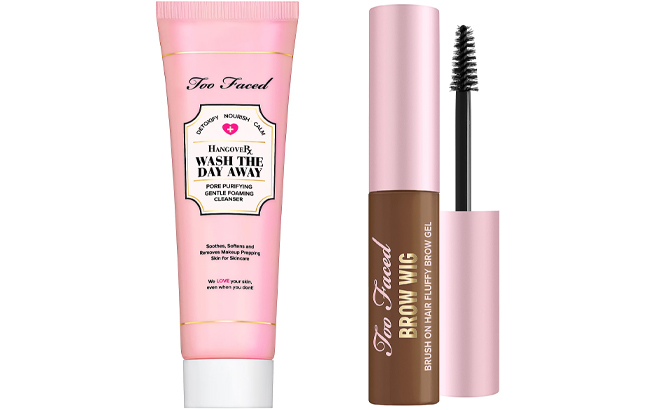 Too Faced Hangover Wash The Day Away Cleanser and Brow Wig Brush on Brow Gel