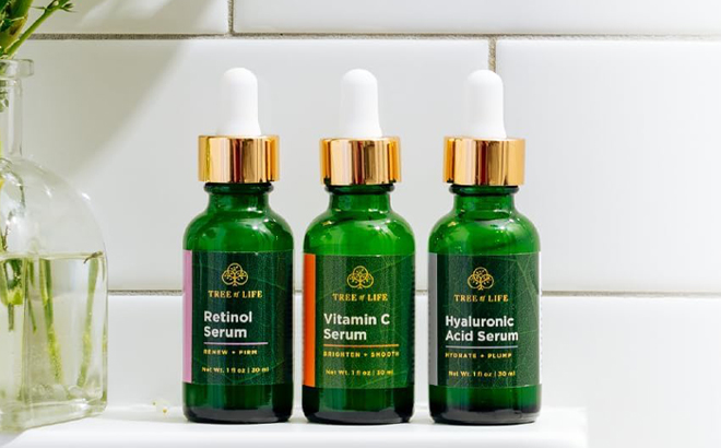 Tree of Life Facial Skin Care Set Serums on a Counter