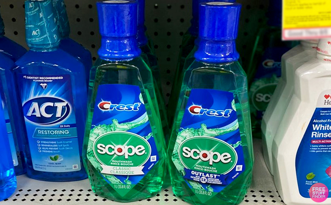 Two Bottles of Crest Scope Mouthwash on a Shelf at CVS