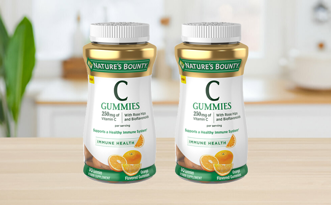 Two Bottles of Natures Bounty 250 mg 80 Count Vitamin C Gummies on a Table