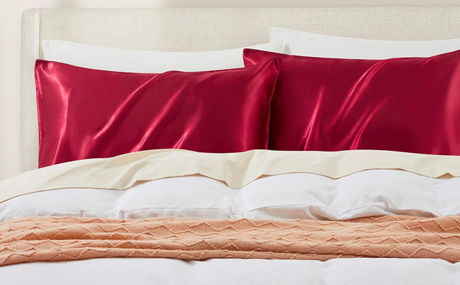 Two HommxJF Wine Red King Size Satin Pillowcases