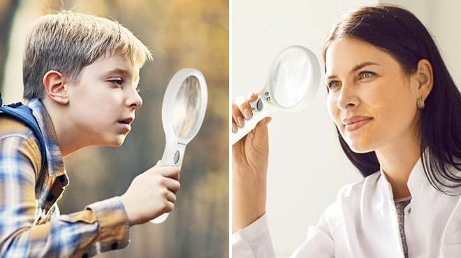 Two People Using a Magnifying Glass with Light in White Color