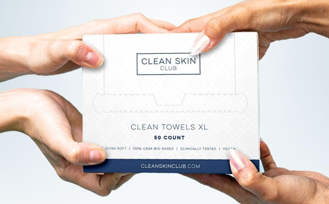 Two Persons Holding a Box of Clean Skin Club XL Biobased Face Towels