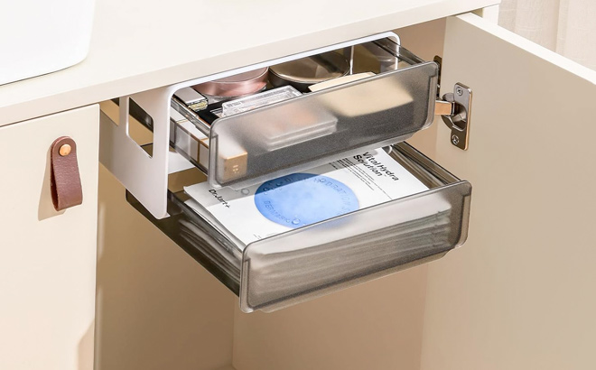 Under Desk Drawer Storage Organizer Hidden Desktop Organizer with 2 Layers