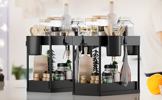 Under Sink Organizers and Storage on a Kitchen Countertop