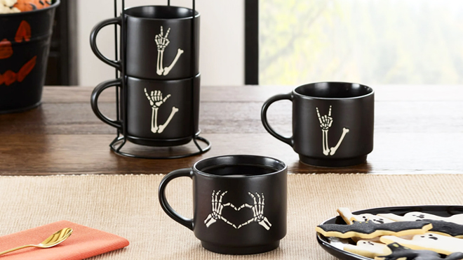 Way To Celebrate Halloween Black Skeleton Stoneware Mugs