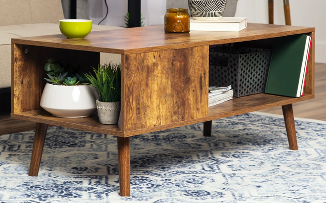 Wooden Mid Century Modern Coffee Accent Table with Open Storage Shelf