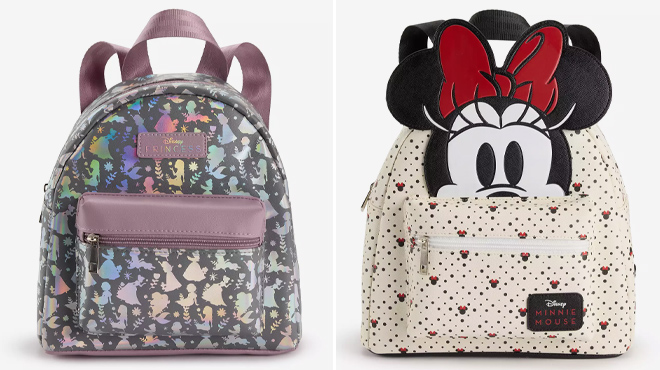 3 Disneys Princess Iridescent Holographic Foil and Minnie Mouse Peek A Boo Mini Backpacks