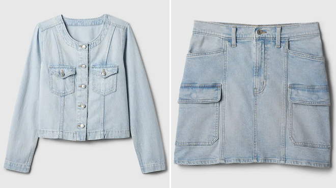 3 GAP Factory Collarless Denim Jacket and Denim Cargo Mini Skirt