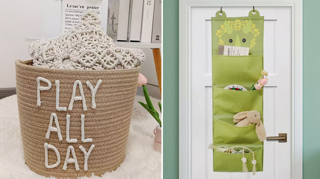 3 The Big One Jute Rope Storage Basket and Over The Door Canvas Organizer