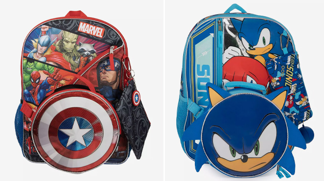 5 Kids Marvel Avengers and Sonic The Hedgehog 5 Piece Backpack Set