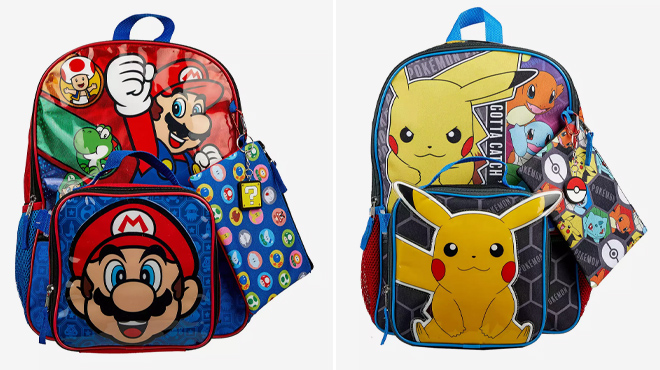 6 Super Mario and Pokemon 5 Piece Backpack Set