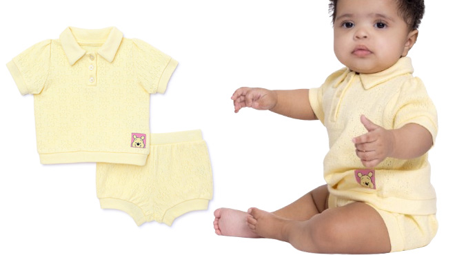 A Baby Wearing Disney 2 Piece Set in Yellow