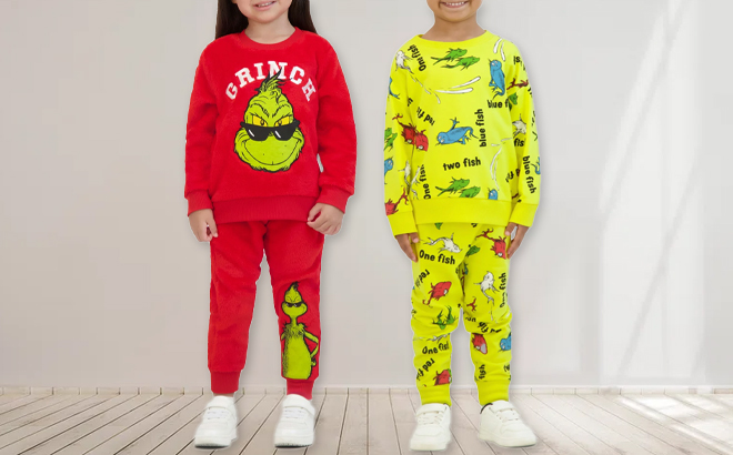 A Girl and Boy Wearing Dr Seuss Toddler Sweatshirt and Jogger Set