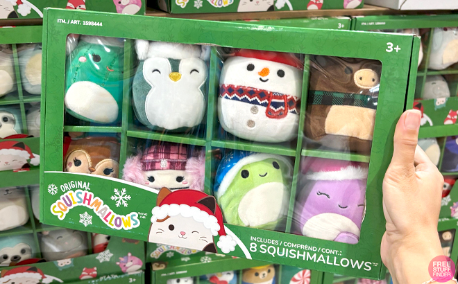 A Hand holding Christmas Ornament Squishmallows Winter Design 8 Pack Box