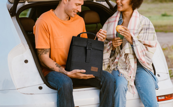 A Person Holding the Insulated Lunch Bag in Black in a Car