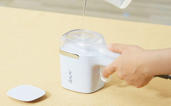 A Person Putting Water in Salav Quicksteam Travel Steamer