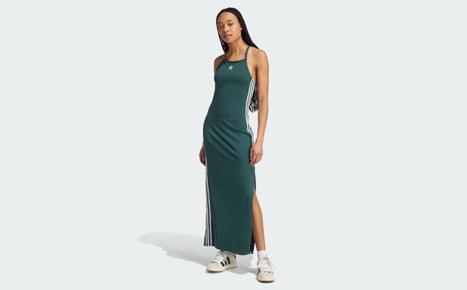 A Person Wearing Adidas Adicolor 3 Stripes Maxi Dress in Mineral Green Color