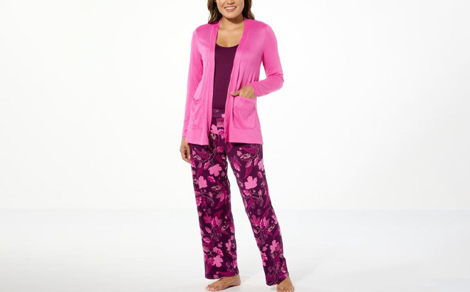 A Person Wearing Hue 3 Piece Cardigan Tank and Pant PJ Set