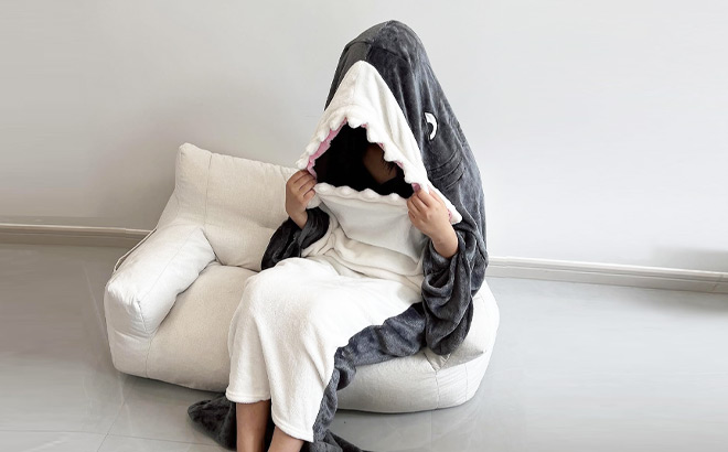 A Person Wearing Shark Wearable Blanket