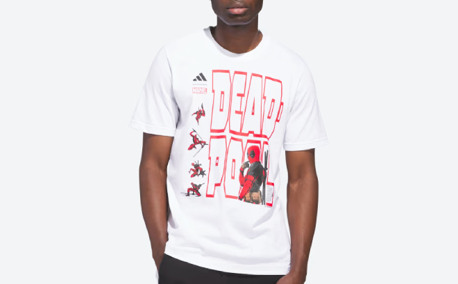 A Person Wearing an Adidas x Marvel Deadpool Tee