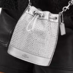 A Person Wearing the Coach Outlet Mini Bucket Bag in Silver