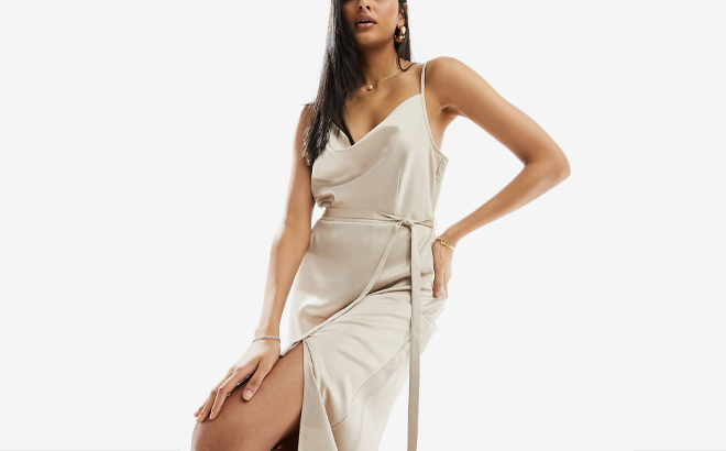 A Person wearing an Asos Vila Bridesmaid Cowl Neck Cami Dress