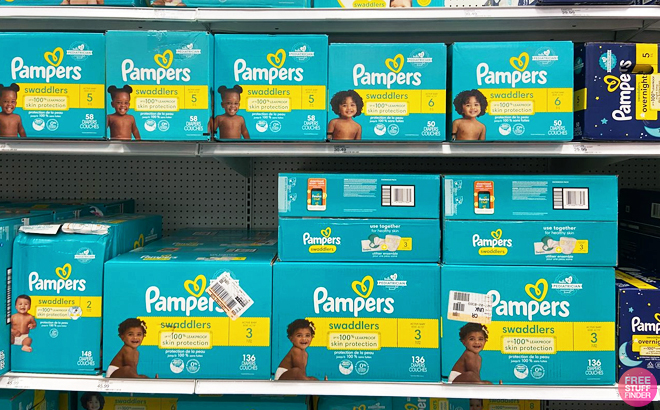 A Target shelf filled with Pampers Swaddlers Diapers