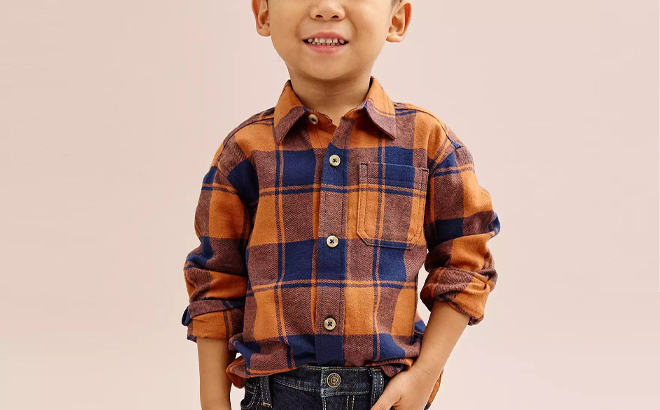 A Toddler Boy wearing a Jumping Beans Toddler Boys Flannel Shirt 