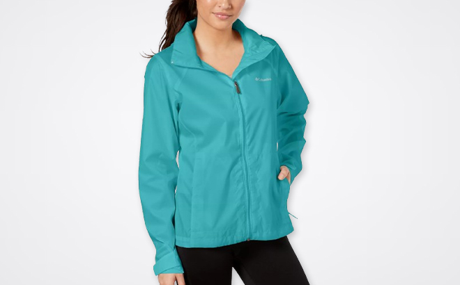 A Woman Wearing Columbia Switchback Waterproof Packable Rain Jacket