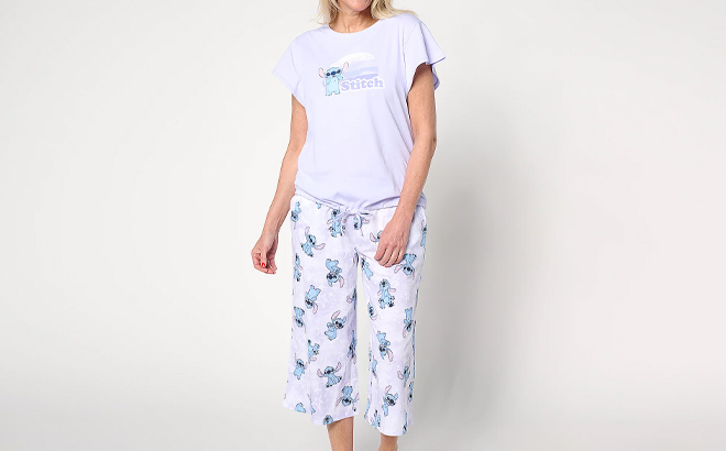 A Woman Wearing Disney & Friends Spring Break Flutter Sleeve & Cropped PJ Set