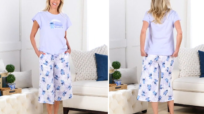 A Woman Wearing Disney & Friends Spring Break Flutter Sleeve & Cropped Pajama Set